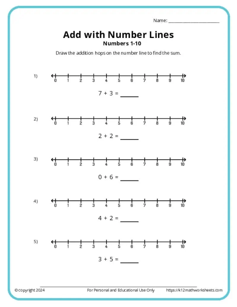 add with number lines k12 math worksheets