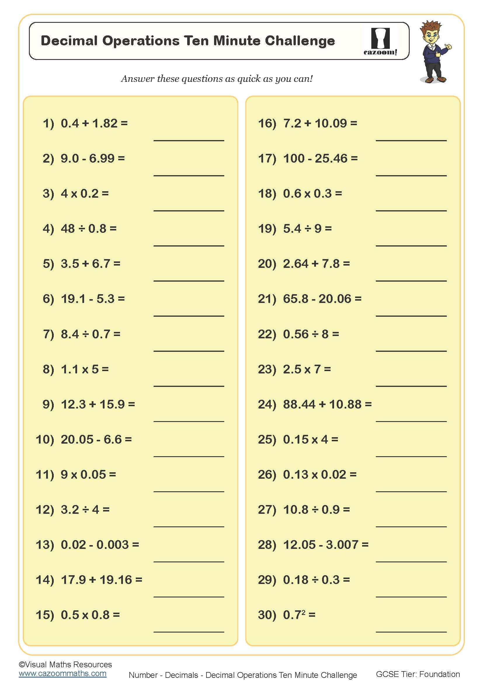 7th Grade Math Worksheets Printable Decimals