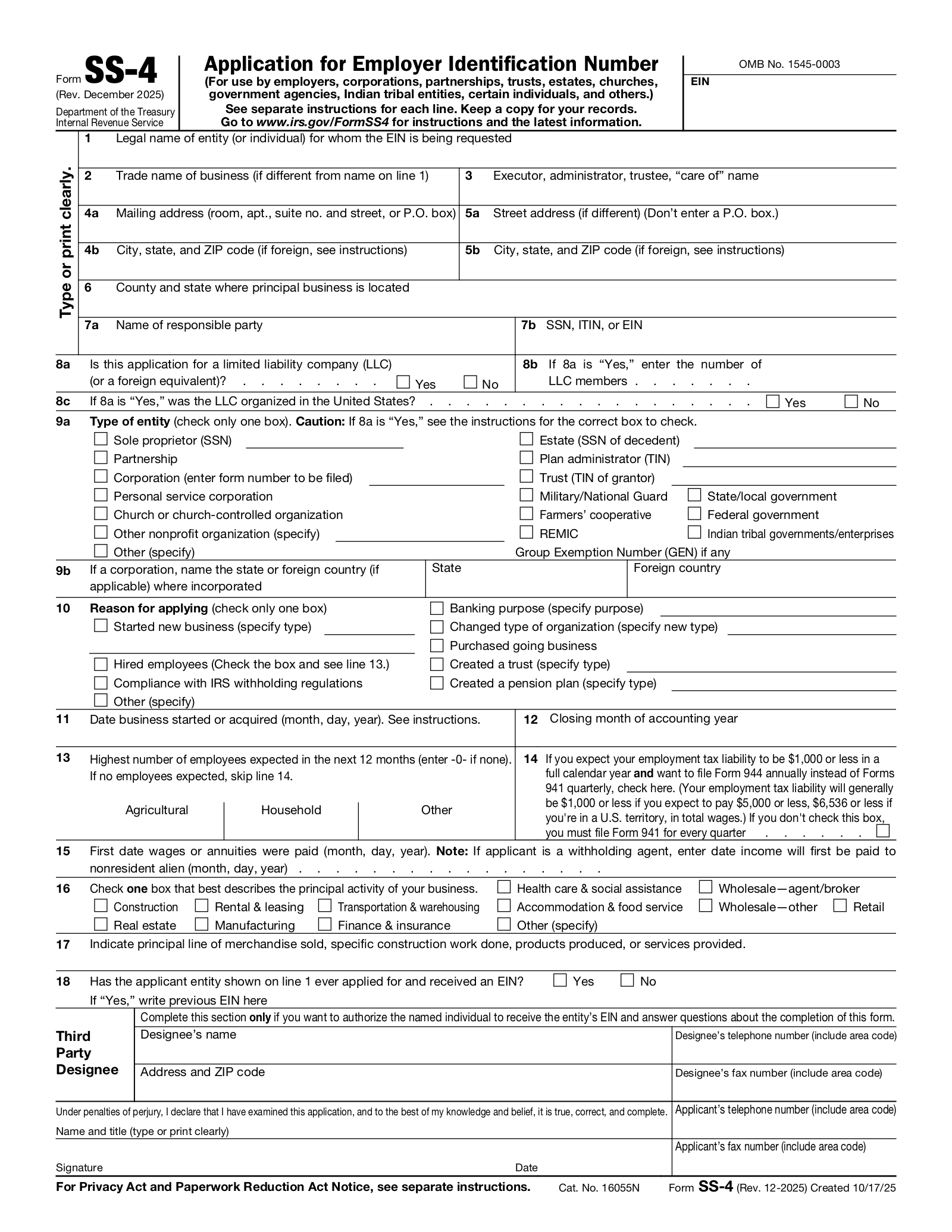 Free SS 4 Application For Employer Identification Number PDF 