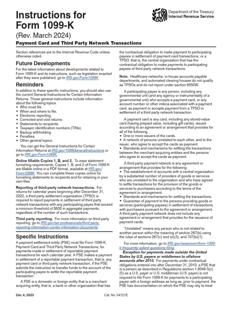 instructions for form 1099 k rev march 2024 pdf payments
