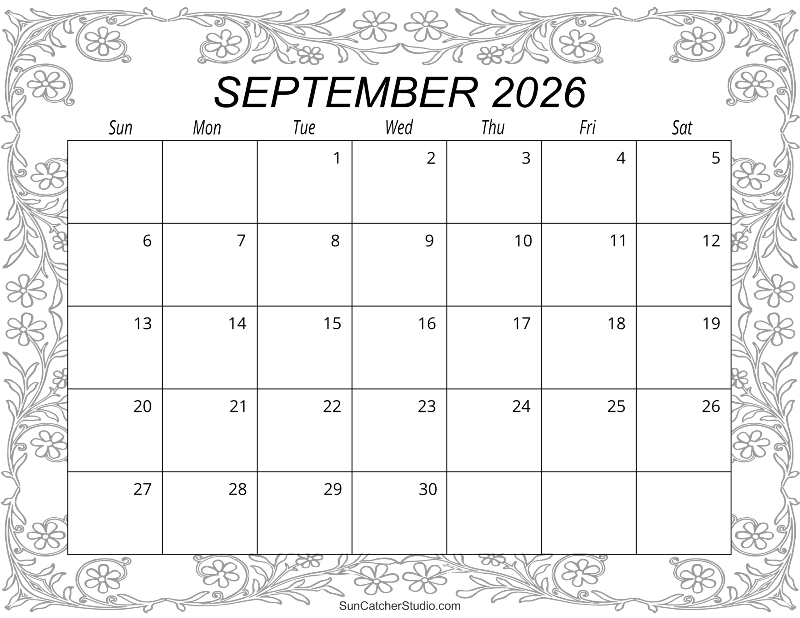 Sept Blank Calendar 2026